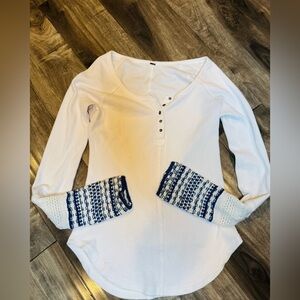 Free People White Long-Sleeve Henley with Blue Patterned Cuffs